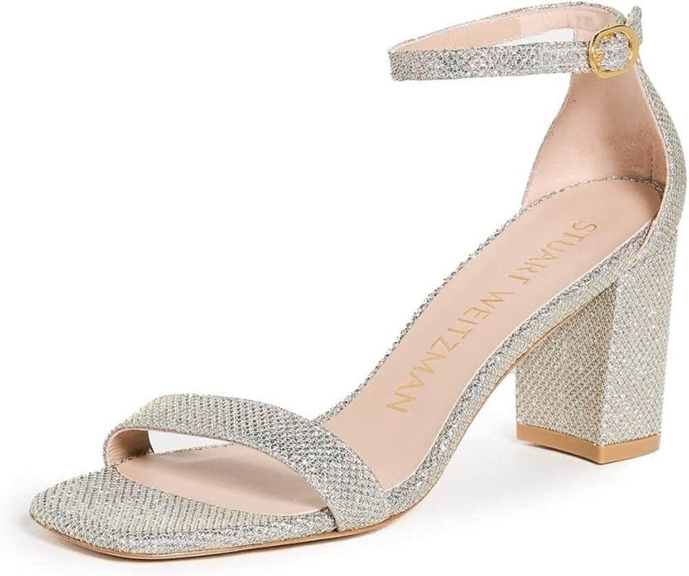 Stuart Weitzman Nudist Curve 75 Block Heel Sandals Platino Leather 10.5 B NIB
